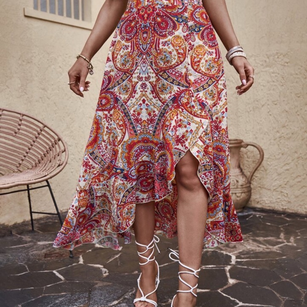 Chenault Red and Orange Maxi Wrap Skirt